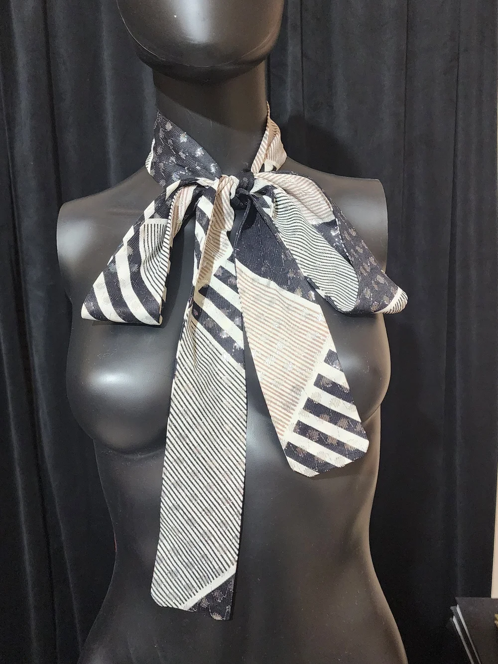 Vintage 80s Bow Neck Scarf Black White Striped Polka Dot Shimmer Oblong